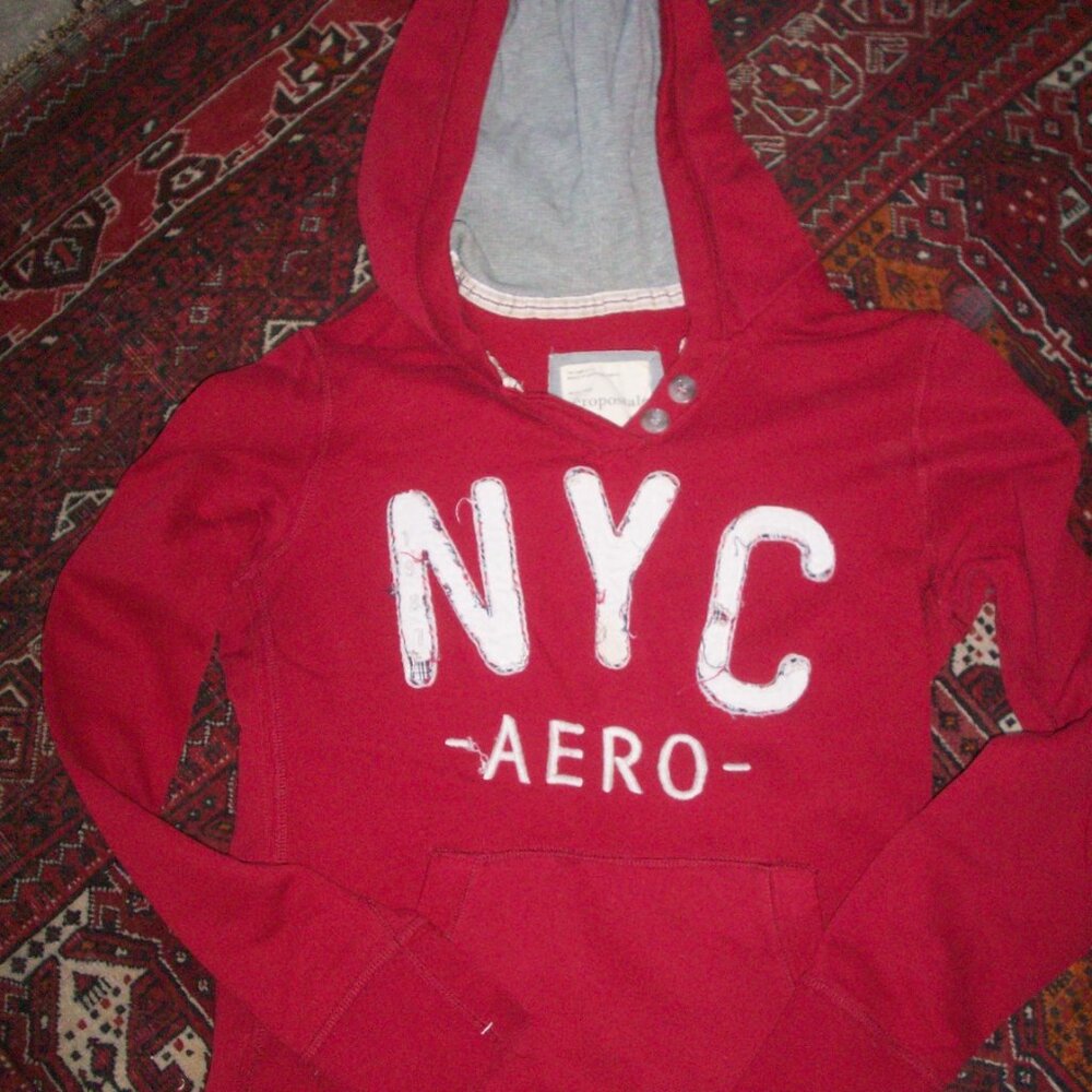 Aeropostale Women's Red Aero NYC Pullover Hoodie Distressed Sz L Cotton Thermal
